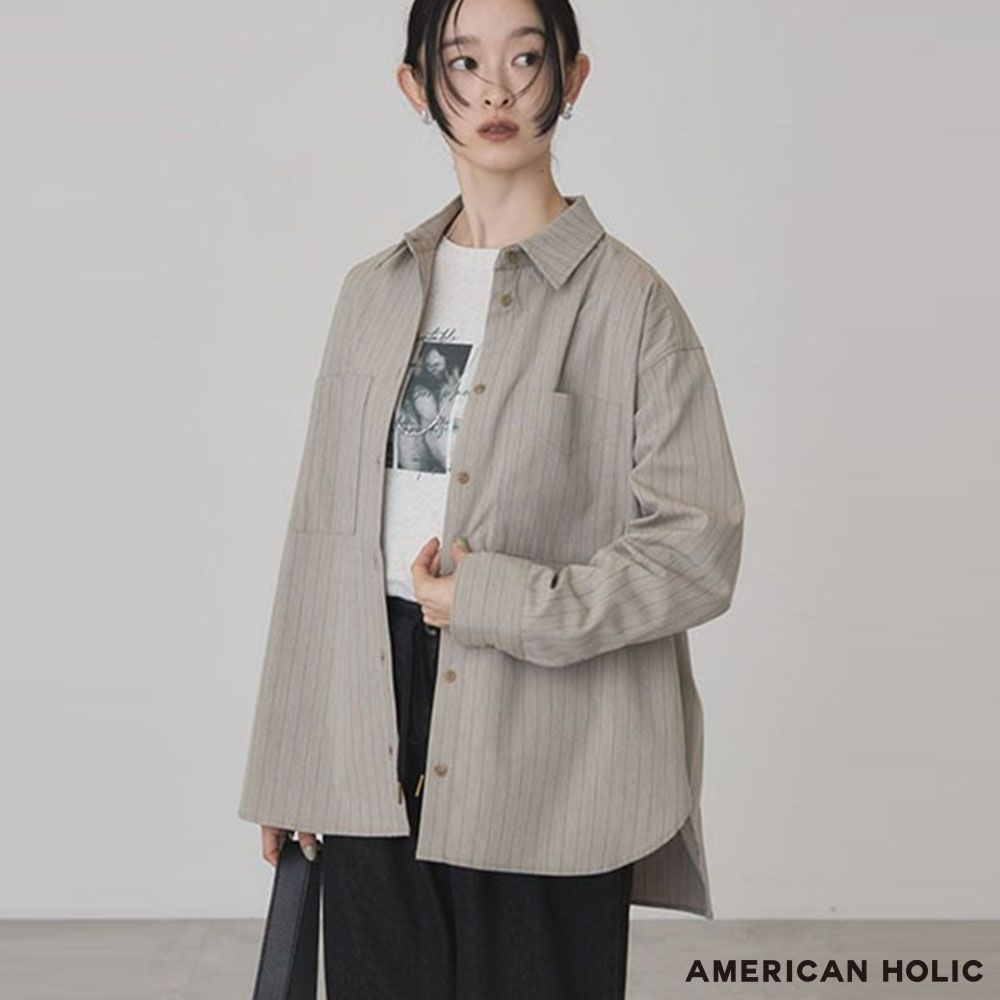 〔AMERICAN HOLIC〕不對稱下擺雙口袋素面/條紋長版襯衫