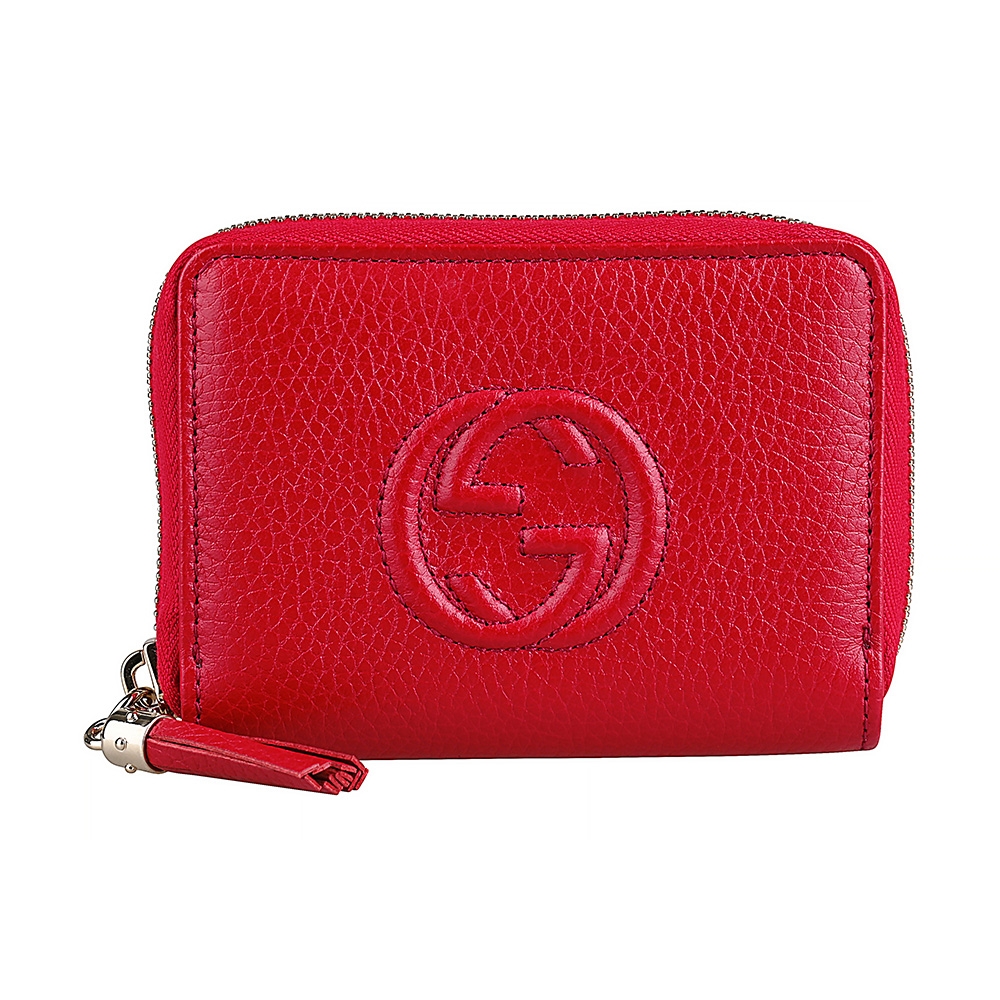 GUCCI Soho系列凸面雙G字LOGO牛皮4卡ㄇ字型拉鍊零錢卡包(紅)