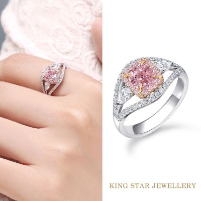 King Star GIA 一克拉 18K金 粉鑽豪華滿鑽戒指 無螢光(枕型花式車工)