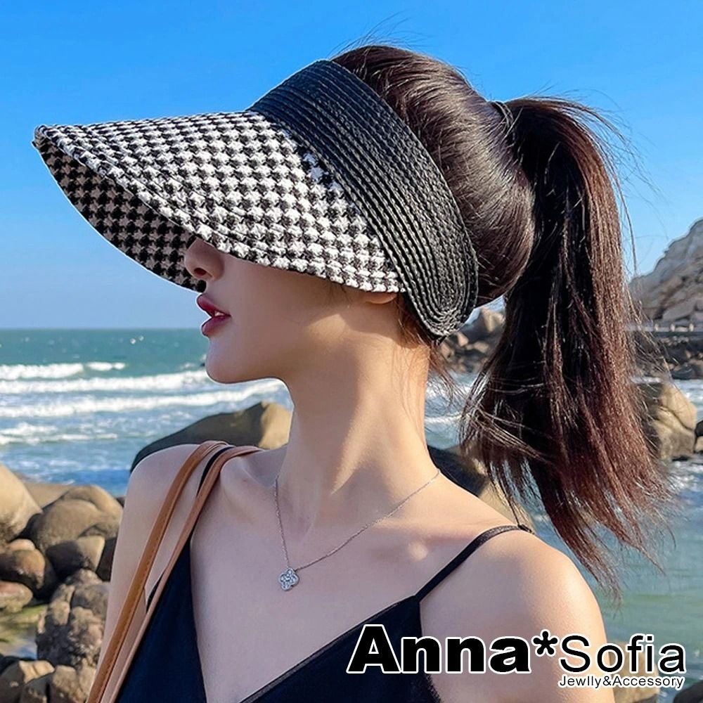 【AnnaSofia】遮陽防曬空頂帽鴨舌帽-千鳥紋簷彈性寬箍 現貨(黑系)