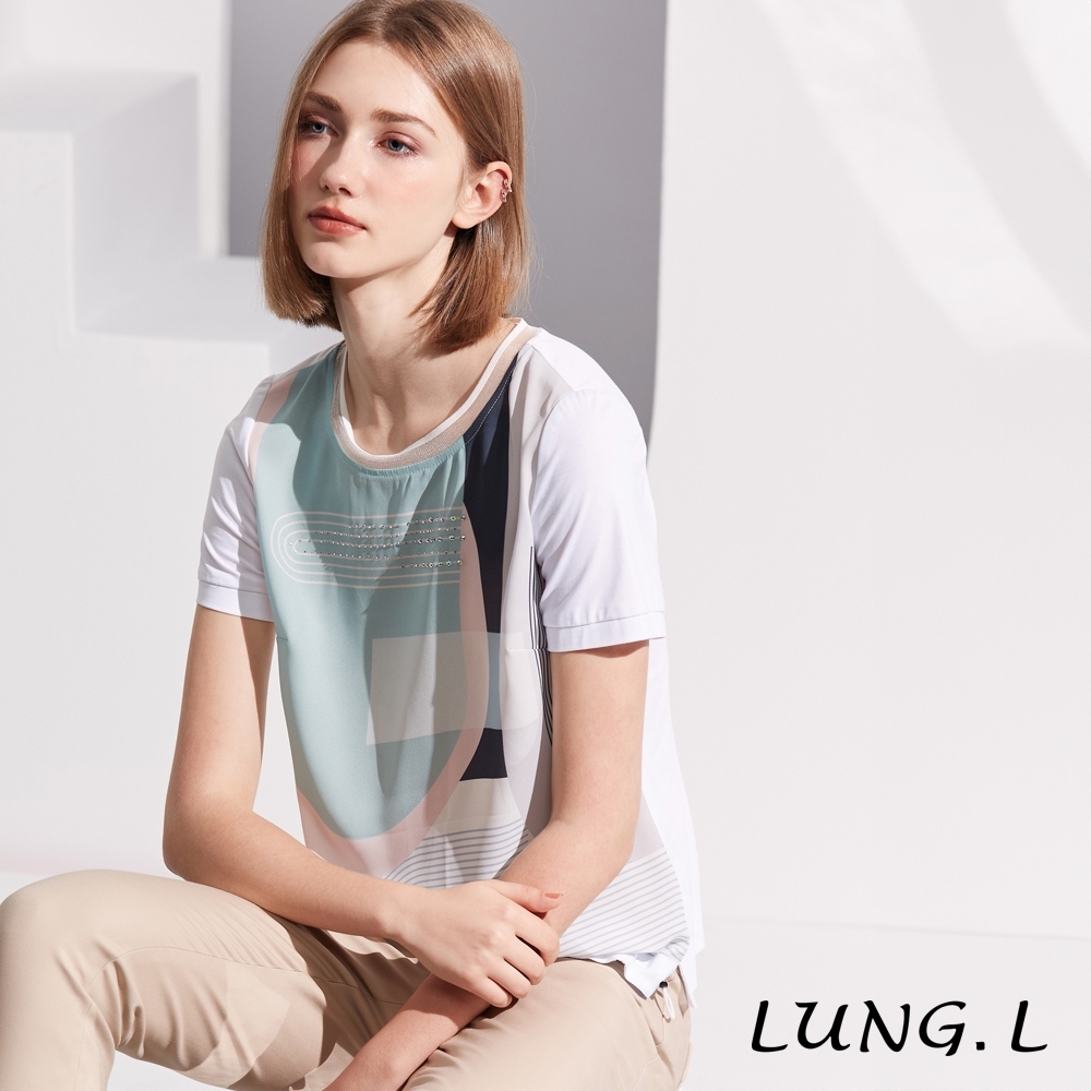 LUNG.L林佳樺 白色前片幾何印花燙鑽短袖女裝上衣LR59A