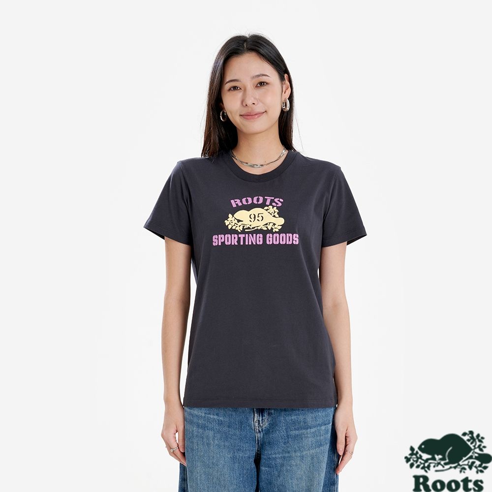 Roots 女裝 SPORTING GOODS 短袖上衣（黑灰色）