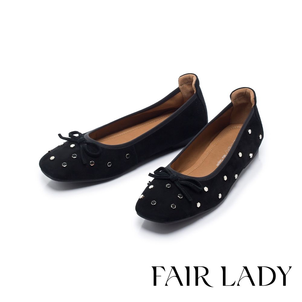 FAIR LADY 優雅小姐 法式幾何鉚釘蝴蝶結方頭娃娃鞋 黑 (5R3257)