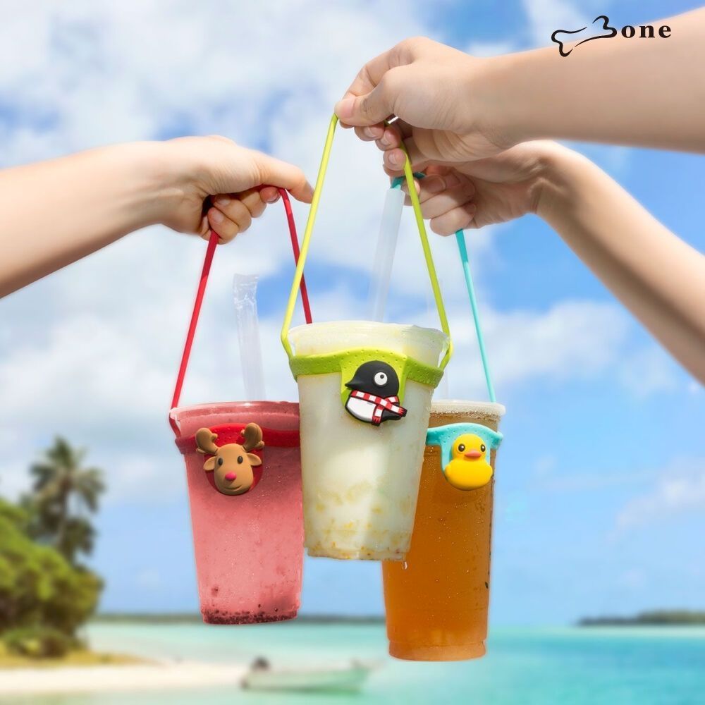 【Bone 蹦克】(兩入組) 角色環保杯綁 飲料提袋 環保矽膠飲料袋 (企鵝小丸)