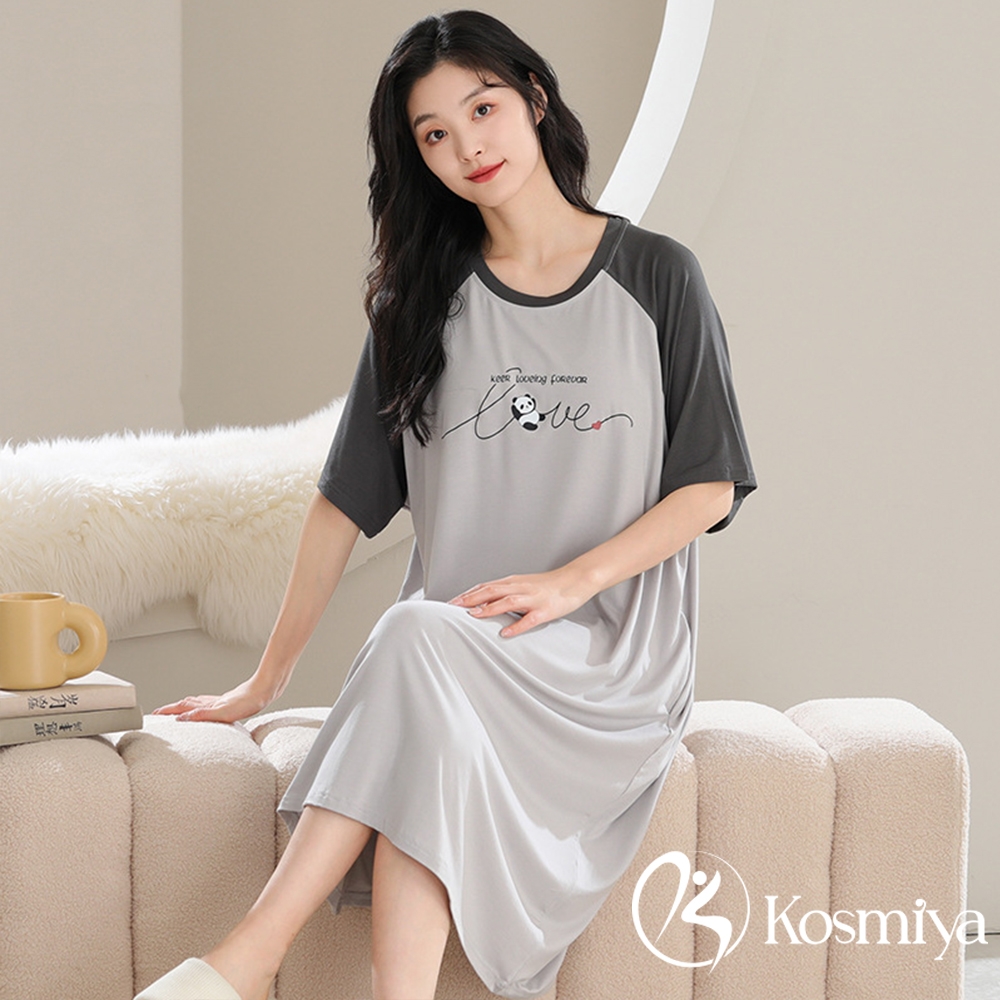 【Kosmiya】1件 莫代爾 帶胸墊 甜睡時光睡裙/女睡衣/胸墊睡衣/居家服/連身洋裝/洋裝(3色可選/均碼/加大碼) (甜睡時光-灰色熊貓)