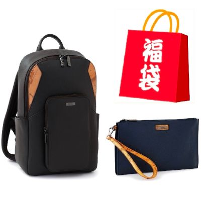 Alviero Martini 義大利地圖包 新春福袋小牛皮1+1組 14吋筆電後背包+隨身萬用包-黑色