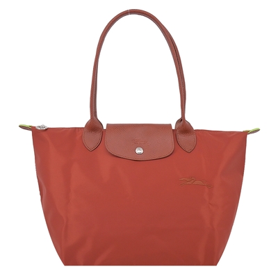 LONGCHAMP LE PLIAGE GREEN系列刺繡長把再生尼龍摺疊水餃包(中/栗子紅)