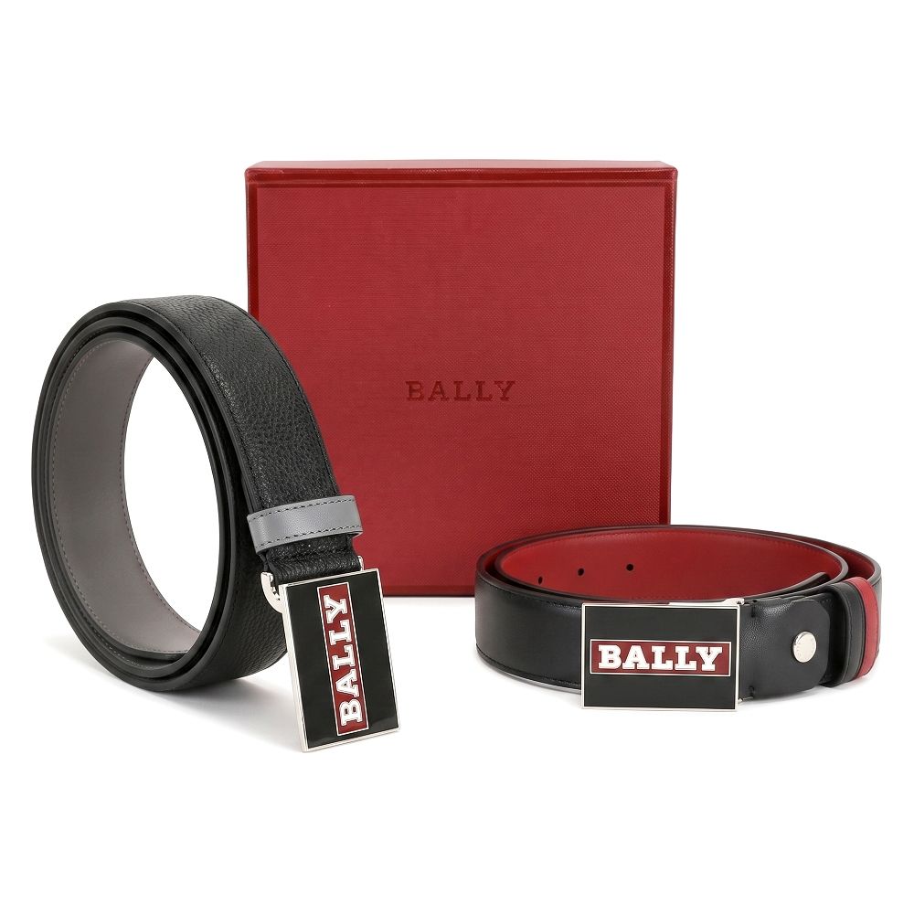 BALLY 配色字母徽標方型釦式雙面用牛皮腰帶-2色可選 (黑灰)