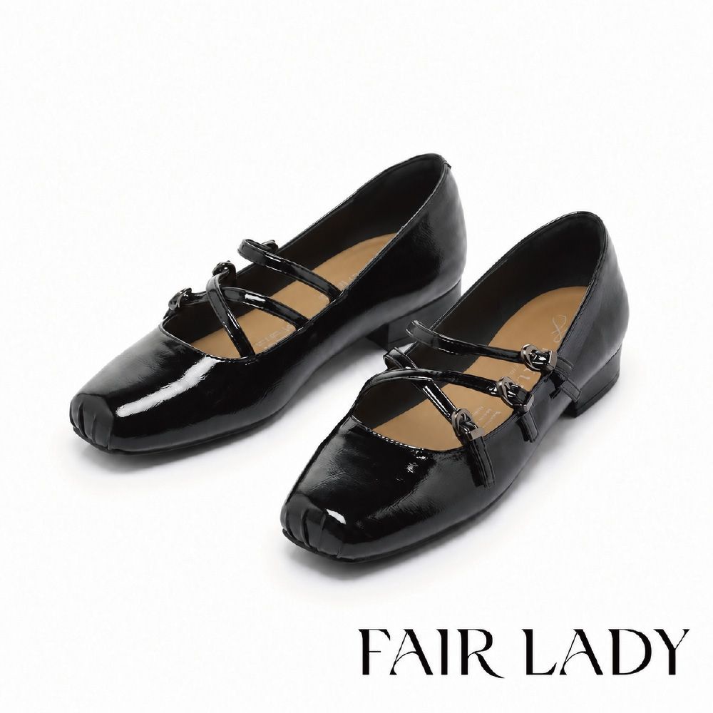 FAIR LADY 小時光 摩登交叉瑪莉珍低跟鞋 黑 (5E3241)