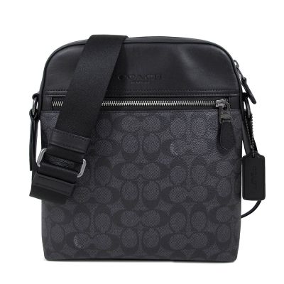 COACH HOUSTON 防刮LOGO塗層帆布拼接皮革前拉鍊袋斜背包(碳黑色)