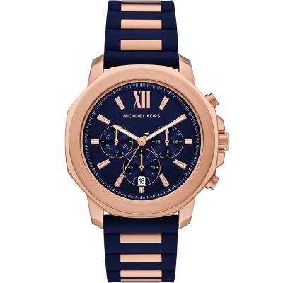 Michael Kors MK Prescott 八角三眼計時手錶 男錶 夏日煥新提案 送禮推薦-海軍藍x玫瑰金/44mm MK9261