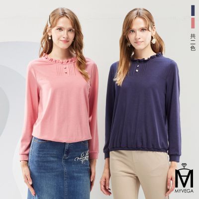 MYVEGA麥雪爾 MA荷葉領壓摺下襬縮口上衣-共二色