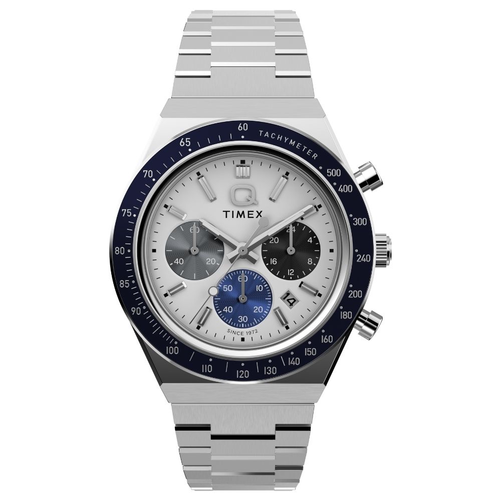 TIMEX  天美時  Q Timex 40 毫米 三色子盤 不鏽鋼錶帶 計時碼錶(銀 TXTW2Y36200)