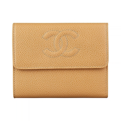 CHANEL 雙C LOGO羊皮3卡扣式中夾(展示品/駝x駝)