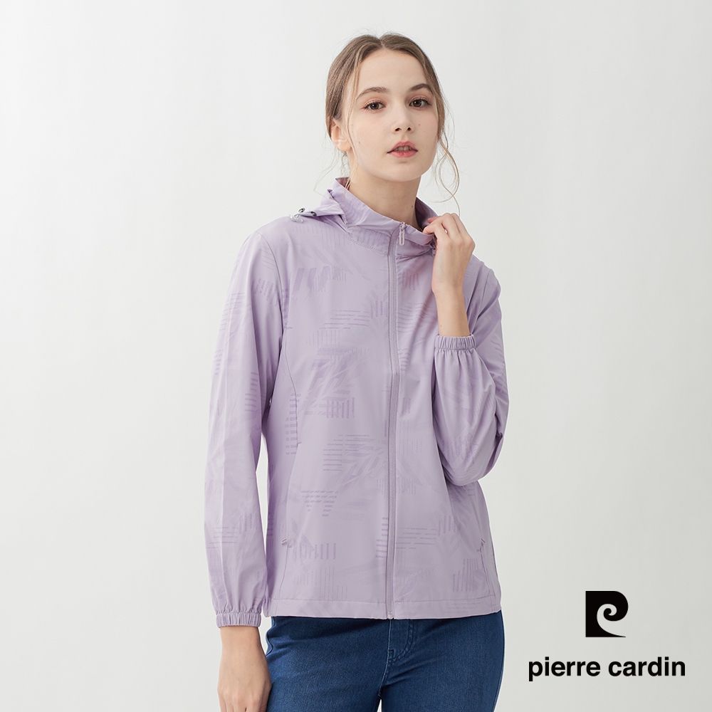 pierre cardin 皮爾卡登 網路獨家 男女款 印花防曬涼感冰絲可拆帽連帽外套(多款任選) (女款-淺紫色)