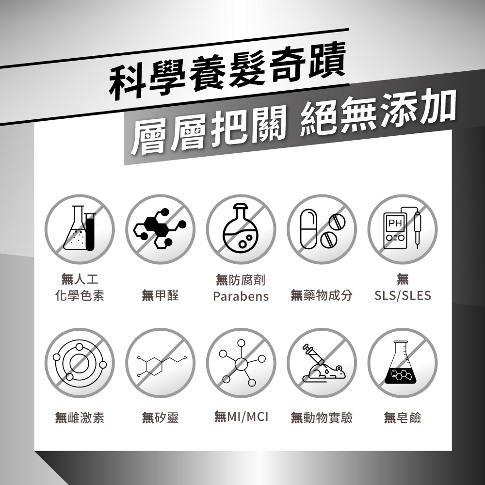 科學養髮奇蹟層層把關 絕添加無人工無防腐劑無化學色素無甲醛Parabens無藥物成分SLS/SLES無雌激素無矽靈無/MCI無動物實驗無皂鹼