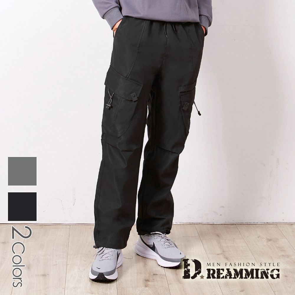Dreamming 韓系潮流多口袋工裝長褲 傘兵褲 直筒寬褲 無彈性-共二色 (黑色)