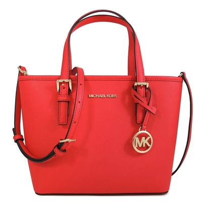 MICHAEL KORS Jet Set Travel 金字大圓標Logo西班牙紅色防刮皮革小托特兩用包(新品瑕疵)