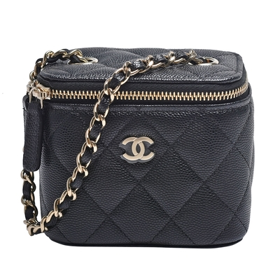 CHANEL香奈兒 CHANEL 經典雙C LOGO菱格粒紋牛皮金屬鍊帶斜背化妝包(迷你-黑色)
