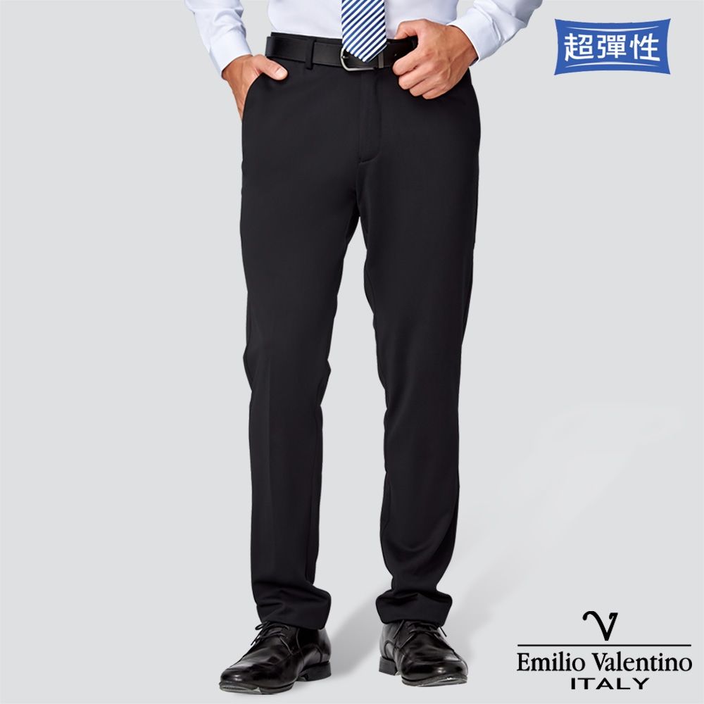 Emilio Valentino 范倫提諾特級彈性修身西裝褲-三色任選 (平面 黑-2)