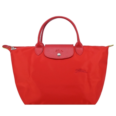 LONGCHAMP LE PLIAGE GREEN系列刺繡短把再生尼龍摺疊水餃包(中/番茄紅)