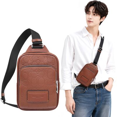 COACH 焦糖色荔枝紋皮革大C立體浮雕單肩/斜跨兩用包