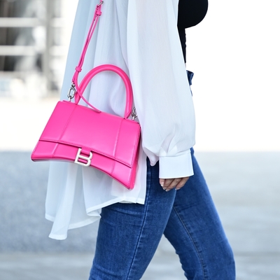 BALENCIAGA巴黎世家 BALENCIAGA 巴黎世家 Hourglass 經典滑面小牛皮手提兩用沙漏包(亮桃)