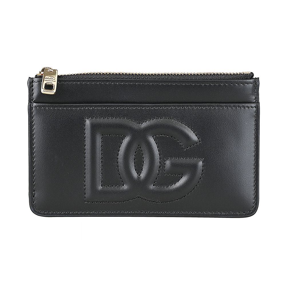 DOLCE & GABBANA立體凸面字LOGO優質小牛皮5卡拉鍊卡夾包(中/黑)
