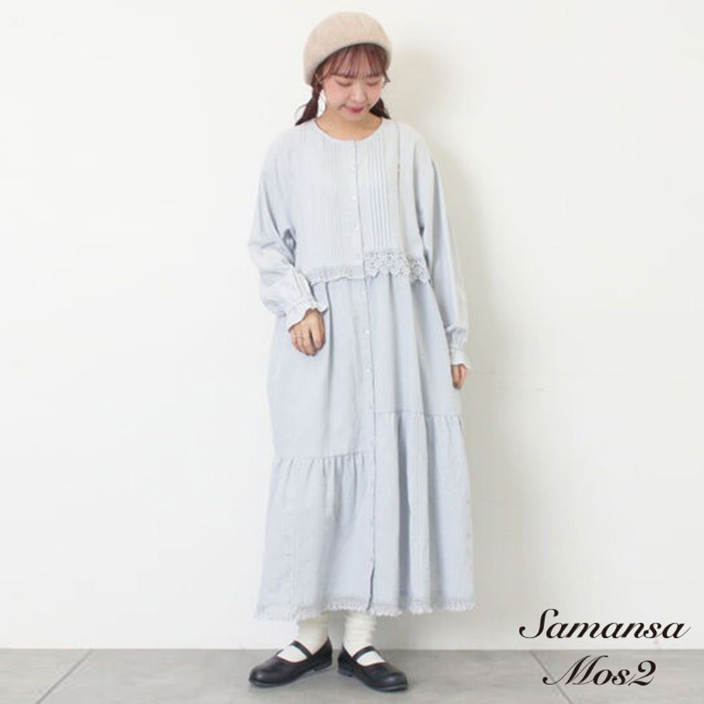 〚Samansa Mos2〛不對稱蕾絲褶襉設計圓領連身洋裝