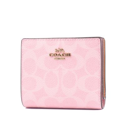 COACH 緹花LOGO防刮皮革釦式拉鍊袋短夾-粉色/櫻花墜飾