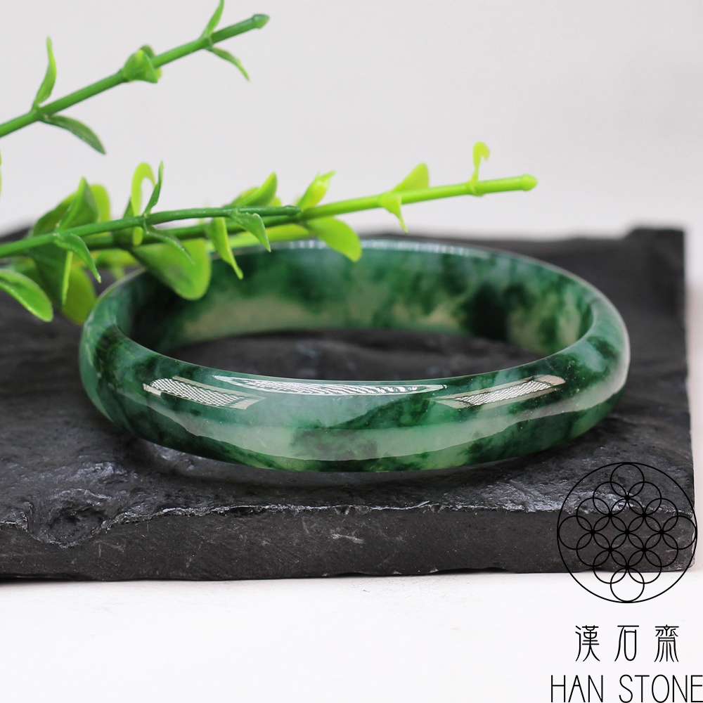 漢石齋】天然翡翠A貨貴妃鐲玉鐲冰種飄綠花(手圍17.6+16/版寬10.9mm