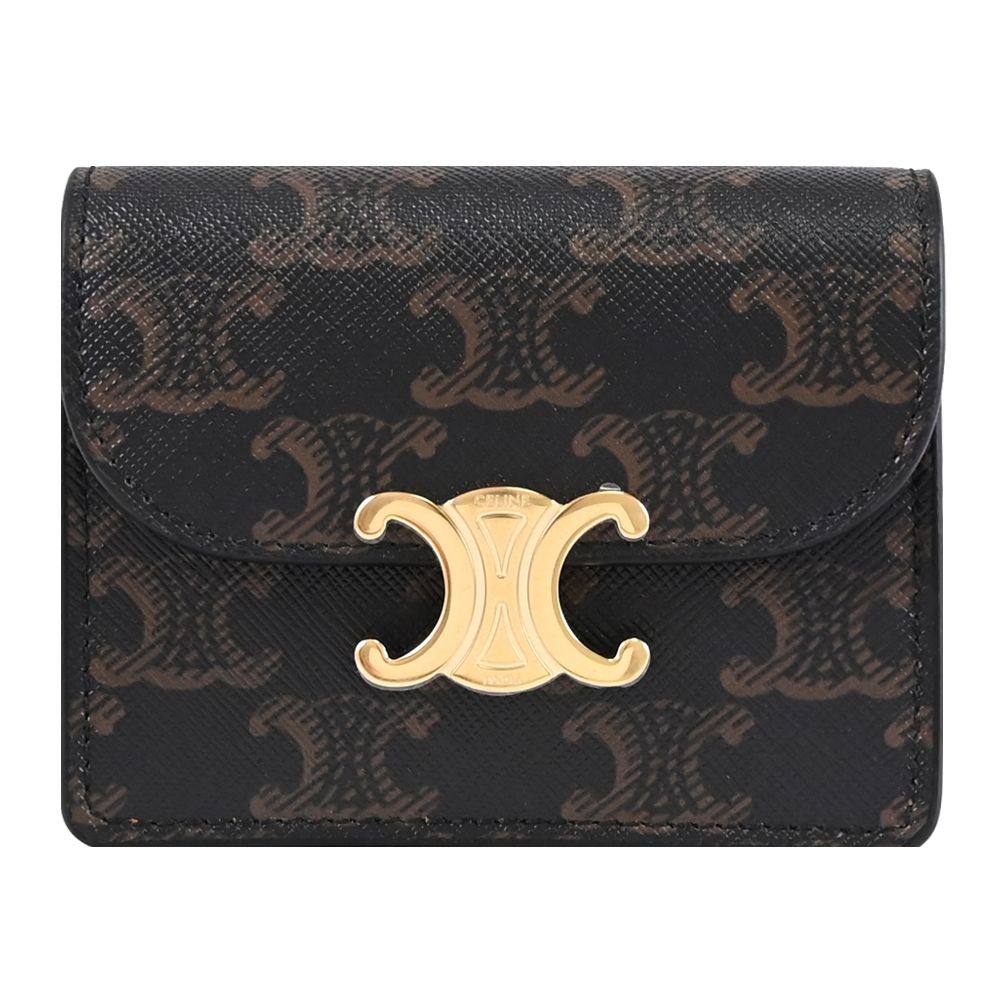 CELINE TRIOMPHE 品牌金屬LOGO印花皮革雙隔層扣式零錢包(深咖)