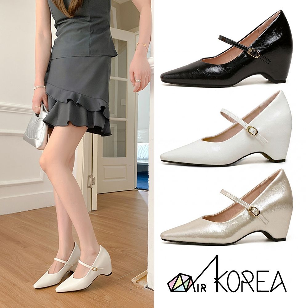AIRKOREA 內增高典雅尖頭瑪莉珍鞋-增高9cm-黑/米白/香檳 (黑色)