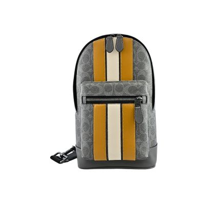 COACH West Pack珠鍊皮標 灰色C LOGO PVC拼接黃土/白堊色條紋皮革拉鍊胸掛包