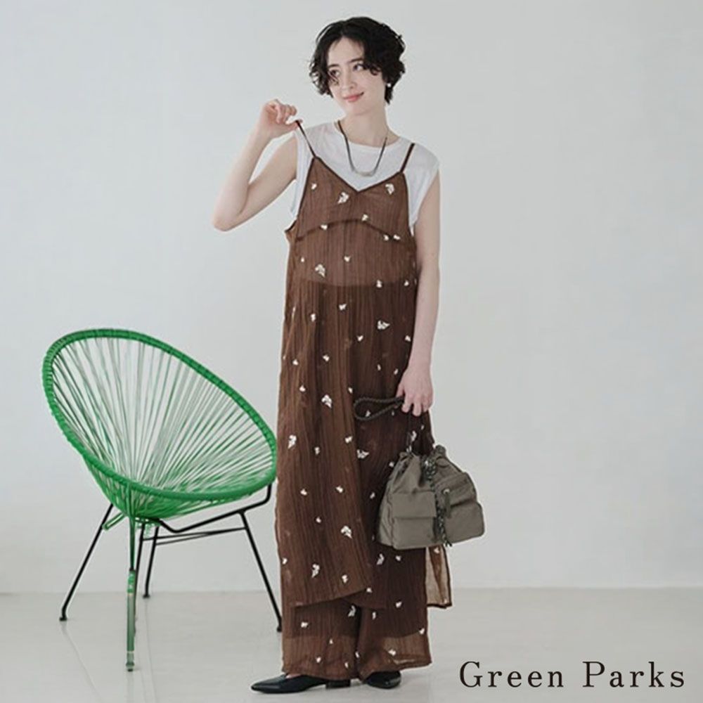 〔Green Parks〕透明感花卉刺繡吊帶洋裝