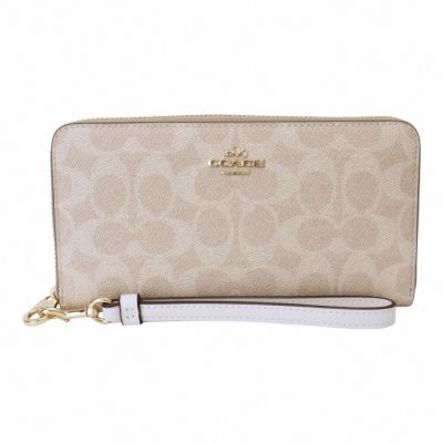 COACH 金馬車防刮LOGO皮革掛帶長夾(淺卡其x米帶)