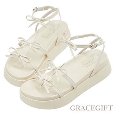 【Grace Gift】輕甜氣質蝴蝶結繞踝奶油厚底涼鞋 米白