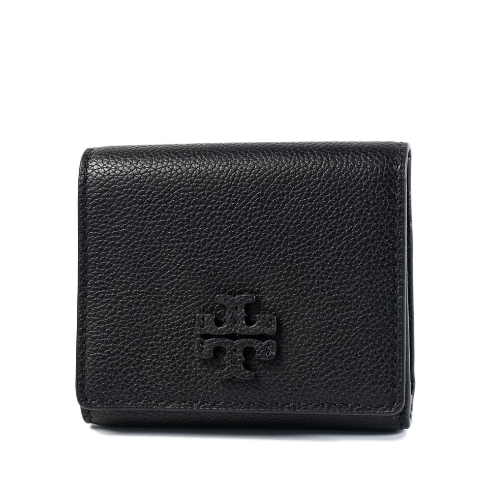 TORY BURCH THEA 皮革標鵝卵石紋釦式三折短夾-黑色