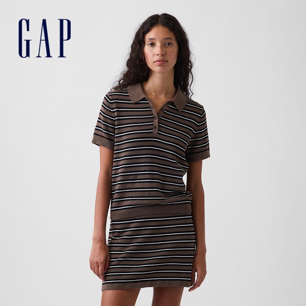 【GAP】100%純棉條紋Polo衫-棕色條紋(912533) (棕色條紋)