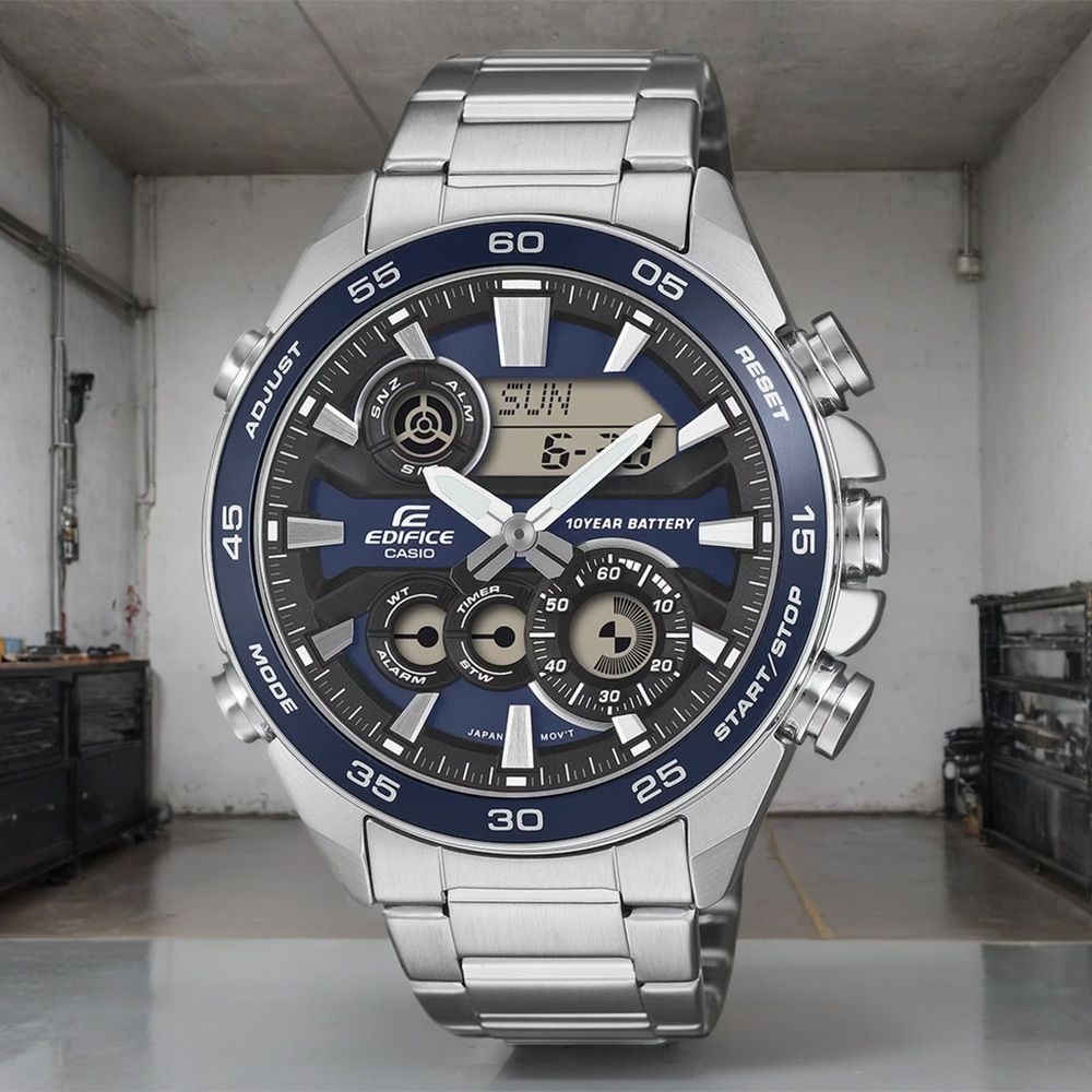 CASIO 卡西歐 EDIFICE 10年電力雙顯運動計時手錶 開學換新季 送禮推薦-藍x銀 ERA-130D-2A