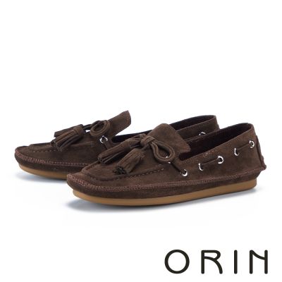ORIN 牛京皮蝴蝶結流蘇平底樂福鞋 深咖