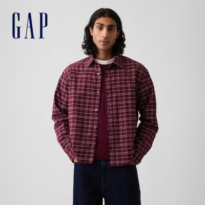【GAP】寬鬆短款直版牛津襯衫-酒紅格紋(909177)