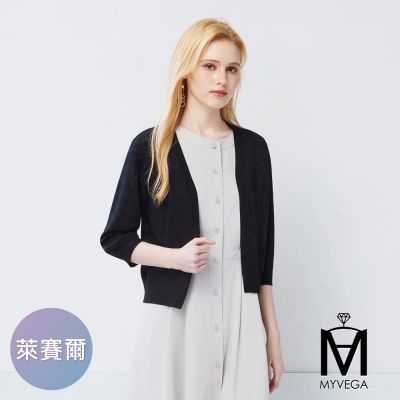 MYVEGA麥雪爾 MA萊賽爾簍空波紋開襟針織罩衫-黑