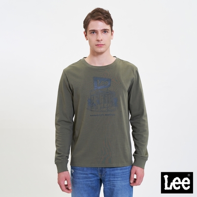 Lee 男款 復古建築印花長袖圓領T 軍綠
