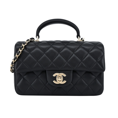 CHANEL香奈兒 CHANEL Flap Bag Handle經典菱格紋小羊皮鏈帶手提/斜背包(黑色)