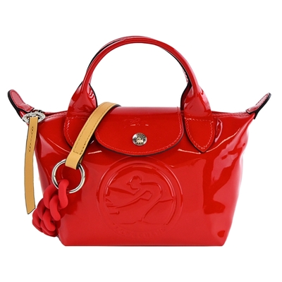 LONGCHAMP LE PLIAGE CUIR系列小牛皮漆皮壓印霧面防滑鍊帶兩用水餃包(迷你/朱紅)