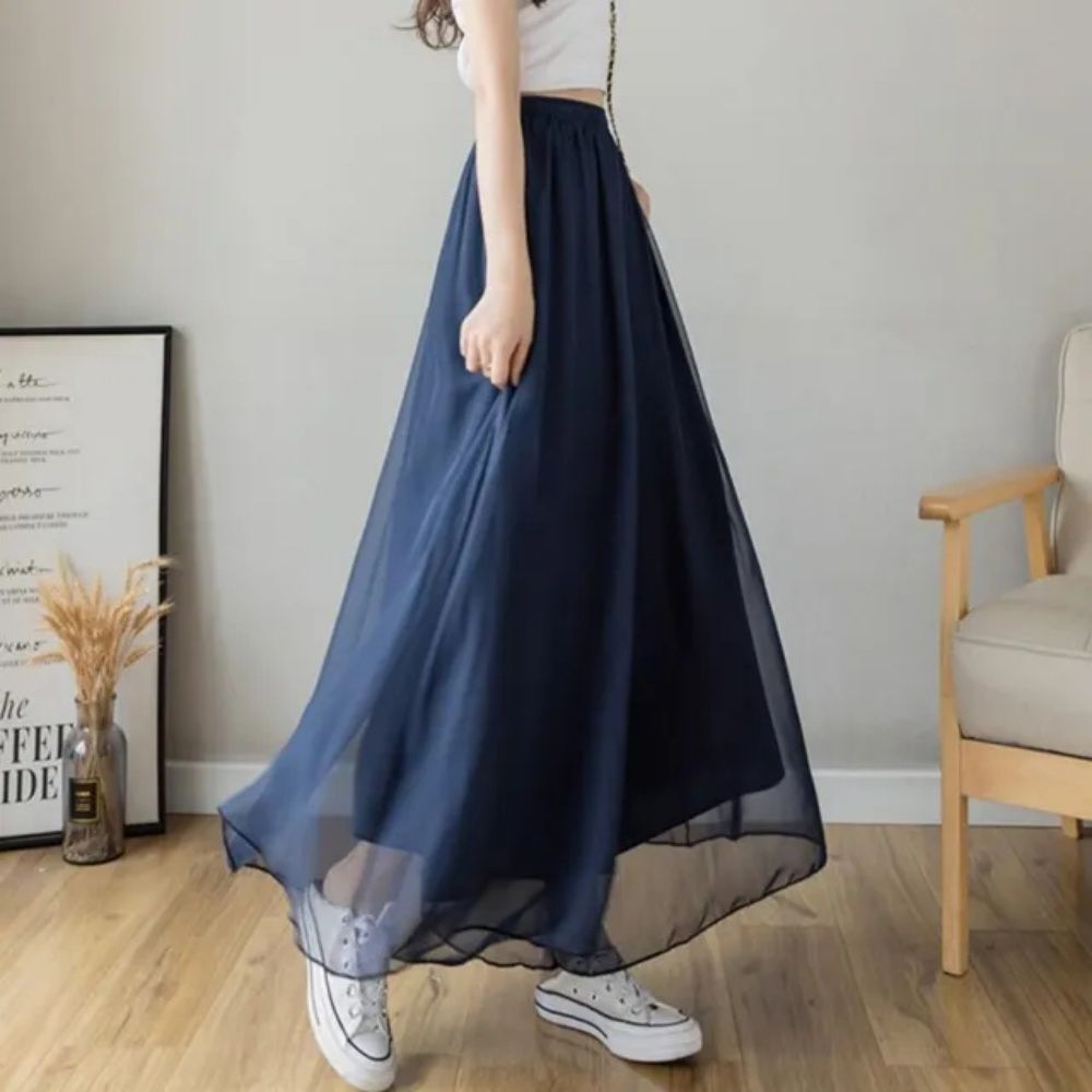 【LANNI 藍尼】★氣質高腰雪紡闊腿褲裙(女裝/長褲/寬褲/休閒褲/優雅/日系/通勤) (藏青)