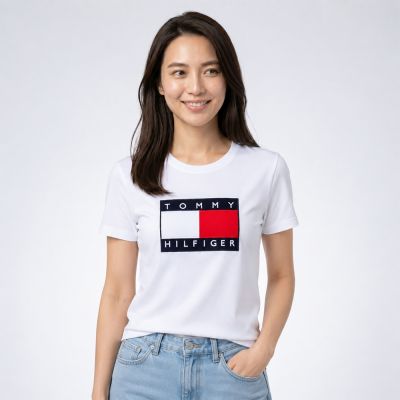 TOMMY 熱銷刺繡大Logo圖案短袖T恤(女)-白色