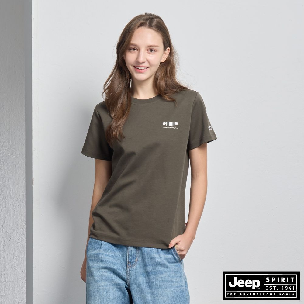 JEEP 女裝 葉片印花涼感短袖T恤-橄欖綠色