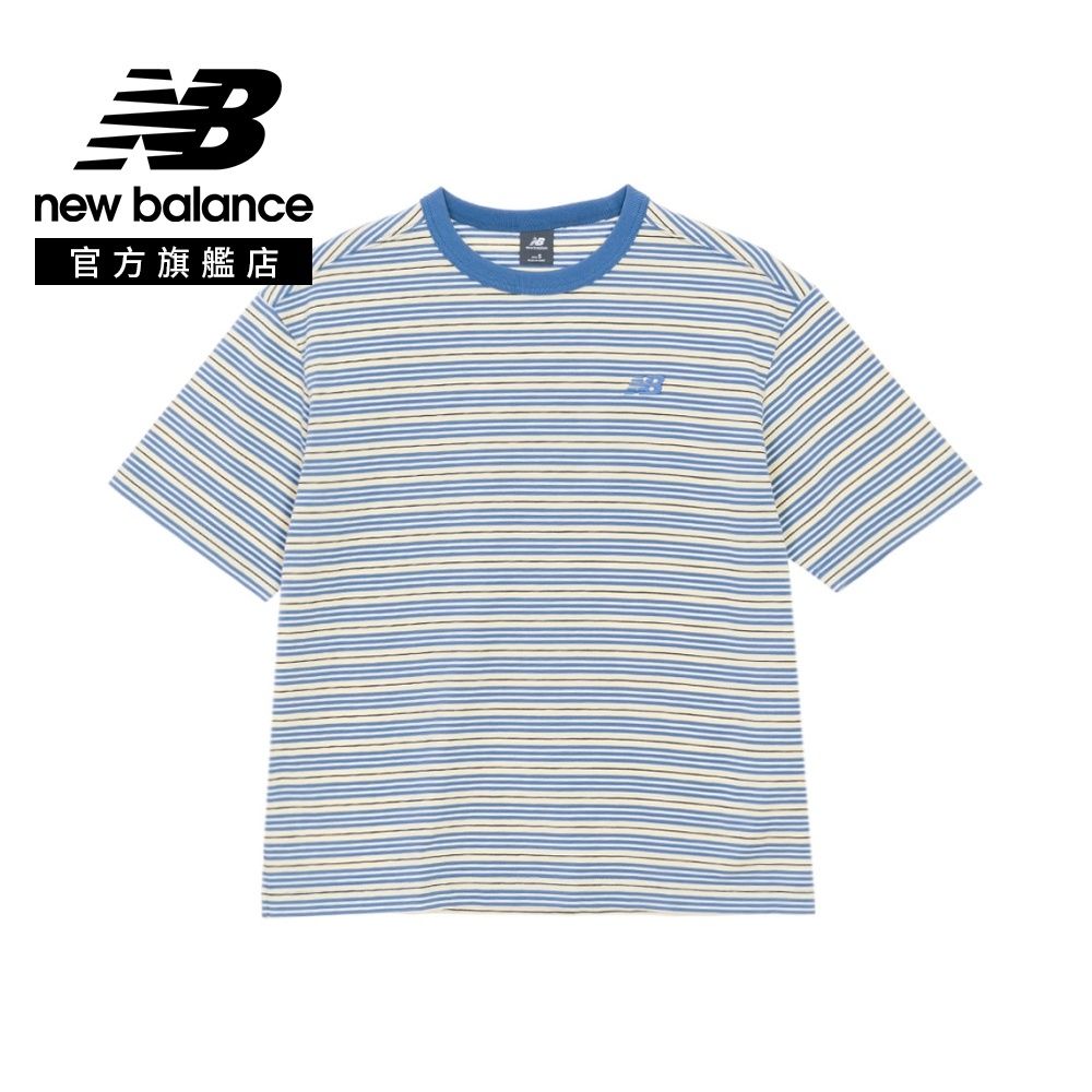 【New Balance】條紋寬鬆短袖上衣_男性_淡黃藍條紋_MT61H5D9RXO